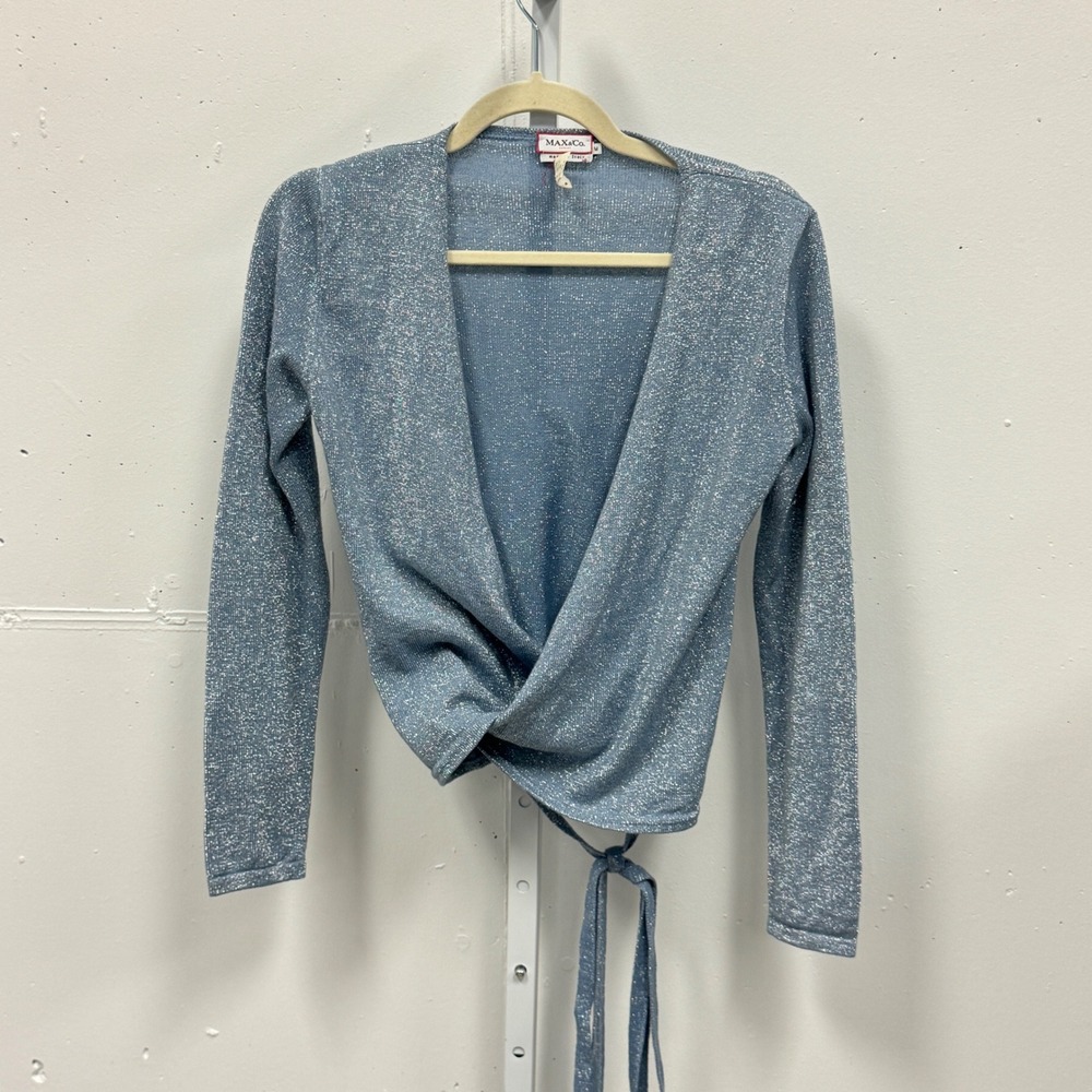 MAX&Co‎ Tricot Metallic Blue Wrap Cardigan Sweater Shimmer Lurex Knit Medium